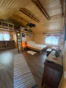 a small room with a bed and a ladder in a cabin at Chalets du BF in Sighişoara