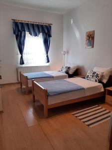 two beds in a room with a window at Apartment Gorska vila in Ogulin