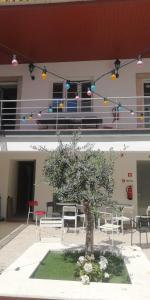 a tree in a courtyard with chairs and a building at Albergaria Formosa in Faro