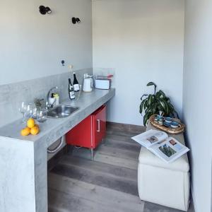 a kitchen with a sink and a red cabinet at Tomero Apartamento in Tupungato