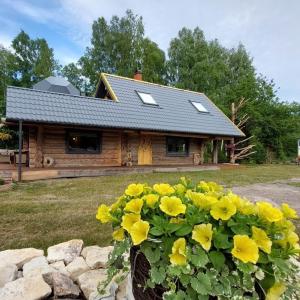 una cabaña de madera con flores amarillas delante de ella en Lepikumäe Holiday Home with Sauna and Hot tub for up to 16 persons en Reina