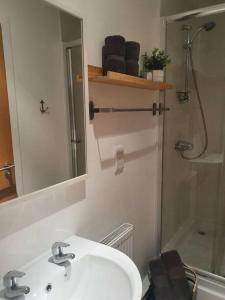 a bathroom with a sink and a mirror and a shower at Rooftop Retreat in Edinburgh