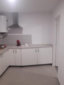 uma cozinha branca com armários brancos e um lavatório em STUDIO 25 em Vaslui