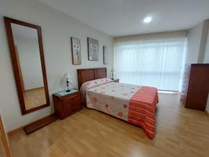 um quarto com uma cama, uma cómoda e um espelho em Apartamento cerca de la playa em Finisterre