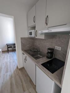 eine Küche mit einer Spüle und einer Arbeitsplatte in der Unterkunft Comfortable studio of 18 m for 2 people in Montpellier