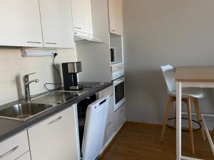 Kuchyň nebo kuchyňský kout v ubytování Rauhallinen asunto, sauna ja iso parveke - raitiovaunureitin varrella