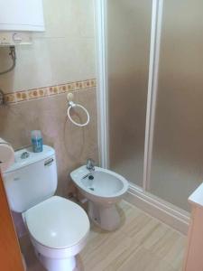 uma casa de banho com um WC, um chuveiro e um lavatório. em Maison santa pola em Santa Pola