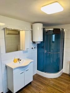 La salle de bains est pourvue d'un lavabo et d'une douche. dans l'établissement Moon Bay apartment - Free large parking, à Portorož