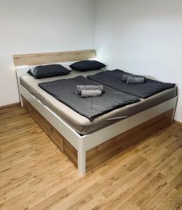 Ce lit se trouve dans un dortoir doté de parquet. dans l'établissement Moon Bay apartment - Free large parking, à Portorož