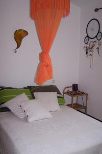 ein Schlafzimmer mit einem Bett mit einem orangenen Vorhang in der Unterkunft Maison proche rivière in Ruoms