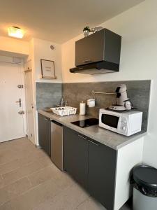 a kitchen with a counter top with a microwave at Studio marina baie des anges in Villeneuve-Loubet