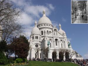 un gran edificio blanco con una multitud de personas delante en Appartement A deux pas de Montmartre, en París