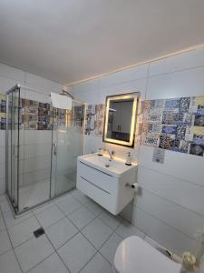 ein Bad mit einem WC, einem Waschbecken und einer Dusche in der Unterkunft Maria's GuestHouse - Uphill View of Nazareth F in Nazareth