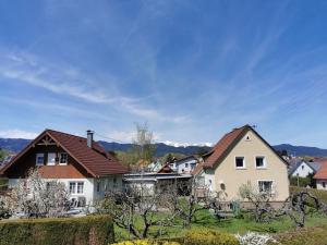 um grupo de casas com montanhas ao fundo em Großzügige Wohnung mit Terrasse em Zeltweg