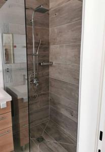 um chuveiro com uma porta de vidro na casa de banho em Großzügige Wohnung mit Terrasse em Zeltweg