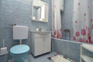 ein Badezimmer mit einem blauen WC und einem Waschbecken in der Unterkunft Vila Apartments Lidija in Petrovac na Moru