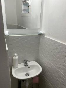 La salle de bains blanche est pourvue d'un lavabo et d'un miroir. dans l'établissement La maisonnette Ti-bou, à Petit-Bourg