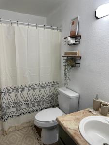 a bathroom with a white toilet and a sink at The Sinaí Apartment is Cozy Place in Eagle Pass
