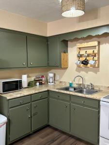 a kitchen with green cabinets and a sink at The Sinaí Apartment is Cozy Place in Eagle Pass