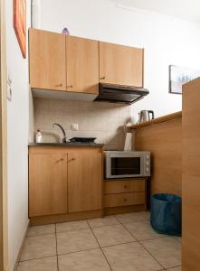 a kitchen with wooden cabinets and a microwave at Central Cozy Apartment in Sparti
