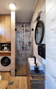 ein Bad mit einer Dusche, einem Waschbecken und einem Spiegel in der Unterkunft Kuća za odmor Iva in Turija