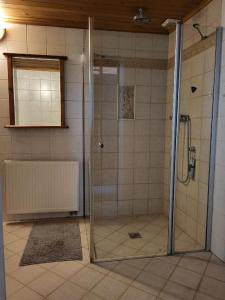 La salle de bains est pourvue d'une douche avec une porte en verre. dans l'établissement Sunflower Prague Apartments and suites, à Prague