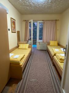 Cette chambre comprend 2 lits et une fenêtre. dans l'établissement ВИЛА ЕДЕЛВАЙС, à Chiflik