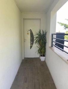 a hallway with a white door and a potted plant at Studio(1) cosy, 2 pers aéroport Marseille in Marignane