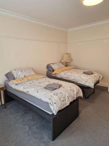 two twin beds in a room with a lamp at Modern 3BD London Flat in London