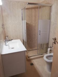 a bathroom with a shower and a sink and a toilet at Taygetus apartments in Xirokámbion