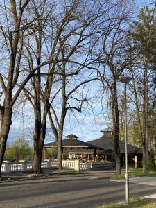 a street light in front of a building with trees at Apartman MiNa in Mataruška Banja