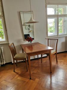 een eettafel met 2 stoelen en een vaas met bloemen bij Gundis Gästezimmer in Bamberg
