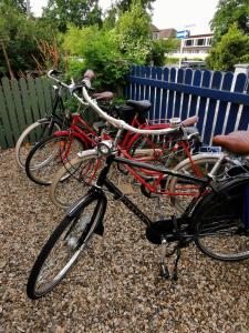 twee fietsen geparkeerd naast een blauw hek bij Gundis Gästezimmer in Bamberg