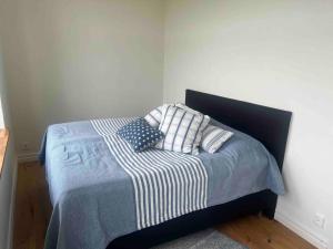 ein Bett mit vier Kissen in einem Schlafzimmer in der Unterkunft Skolan i Näsby lägenhet D in Lövestad