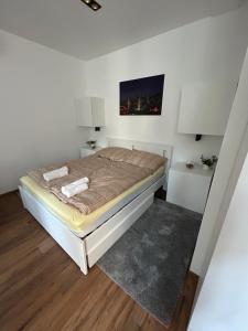 een slaapkamer met een bed in een witte kamer bij R59 Apartman with free parking in Pécs