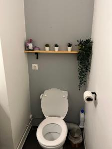 une petite salle de bains avec des toilettes avec des plantes sur une étagère dans l'établissement Commerce à proximité et 10 minute de la gare, à Noisy-le-Sec