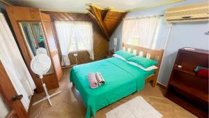1 dormitorio con 1 cama con sábanas verdes y ventilador en Coco Mango Suites en Portsmouth
