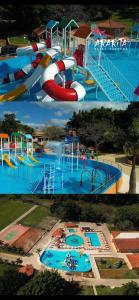 two pictures of a water park with a water slide at Hotel Fazenda Ararita in Pôrto Feliz