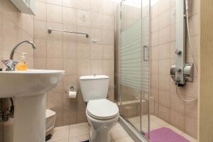 W łazience znajduje się toaleta, umywalka i prysznic. w obiekcie Central Cozy Apartment 2 w mieście Sparta