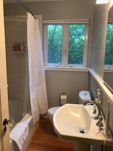 een badkamer met een wastafel, een toilet en een raam bij Azalea Cottage- 2 Bdrm Dwtwn Durham in Durham