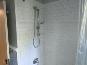 een douche in een badkamer met witte tegels bij Azalea Cottage- 2 Bdrm Dwtwn Durham in Durham