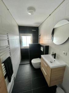 een badkamer met een toilet, een wastafel en een spiegel bij Appartement Mooi Plekje Vlissingen in Vlissingen