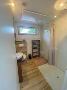a bathroom with a sink and a shower at Oosterschelde Lodge met veel privacy en dicht bij het water in Scherpenisse