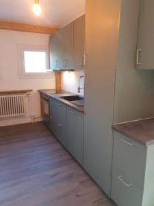 a kitchen with blue cabinets and a white refrigerator at Chalet Jaune Le GRAND SOM in Sarcenas