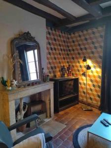 un salon avec une cheminée et un miroir dans l'établissement Appartement centre historique quartier cathédrale, à Bourges