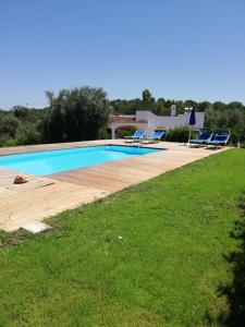 een zwembad met blauwe stoelen en een tuin bij Holiday Home Trullo Antico in Ostuni