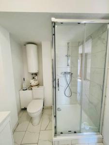 uma casa de banho com um WC e uma cabina de duche em vidro. em Petit Studio centre Joliette(1) em Marselha