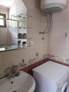 a bathroom with a sink and a toilet and a mirror at Summer Apartment in Kotor