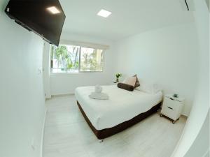 a white bedroom with a large bed and a window at Hotel Koray in San Andrés