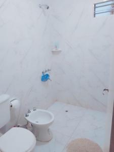 ein weißes Bad mit einem WC und einem Waschbecken in der Unterkunft casa pileta patio indio froilan estadio unico madre de ciudades in Santiago del Estero